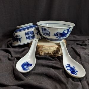Set of 2 Koi Fish Blue and White Ramen/Rice Bowls with Spoons.